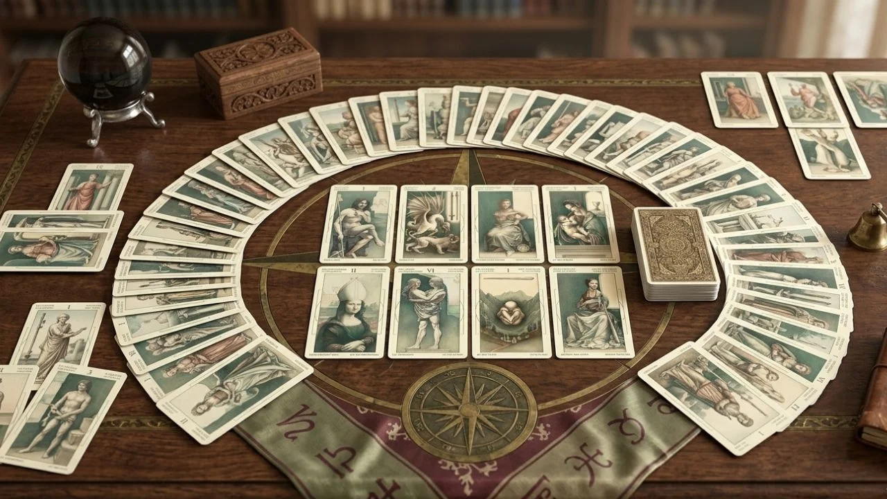 Cartas de Tarot em mesa — Formação de Tarot com Georgia Cappi